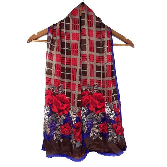 Oscar de la Renta 100% Silk Oblong Rectangular Long Floral Plaid Scarf - Picture 2 of 5